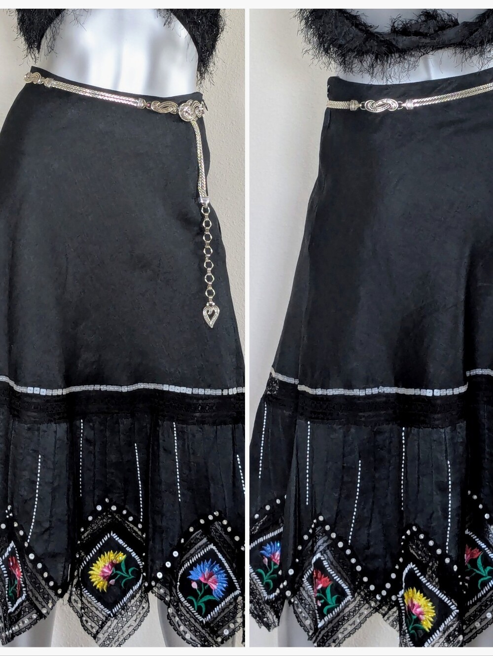 CAROL LITTLE Vintage 100% Linen Embroidered Beaded Retro Romantic Flirty Skirt